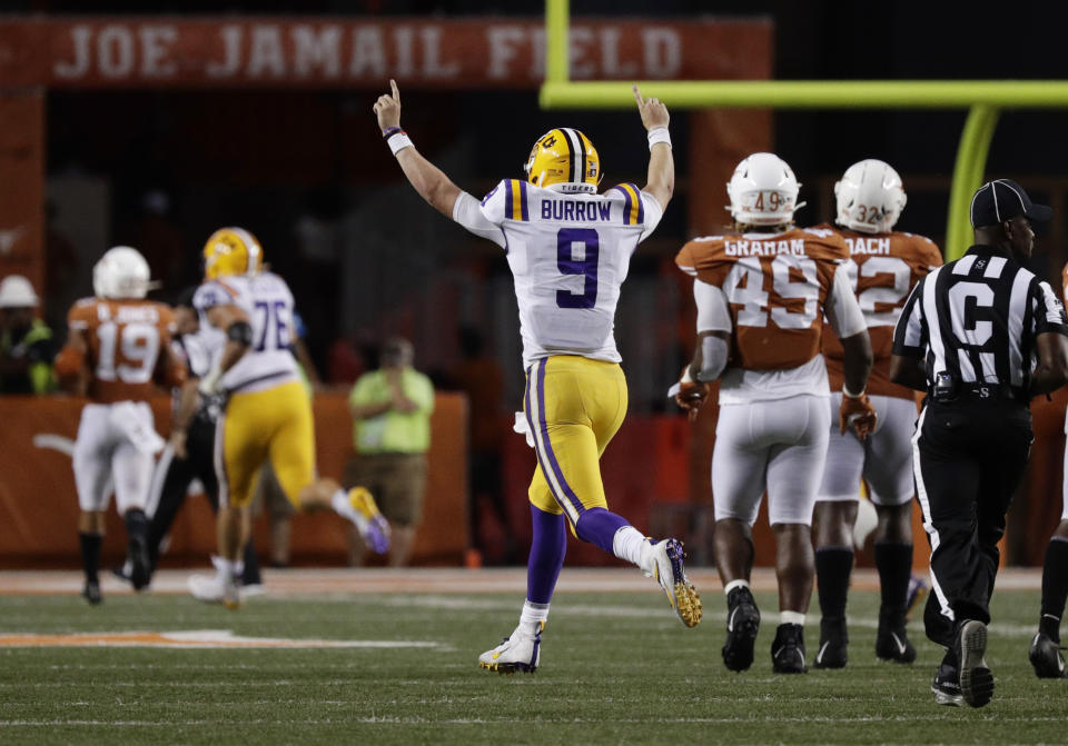 LSU quarterback Joe Burrow (9) celebrates after connecting with wide receiver Justin Jefferson for a touchdown against Texas during the second half of an NCAA college football game Saturday, Sept. 7, 2019, in Austin, Texas. (AP Photo/Eric Gay)