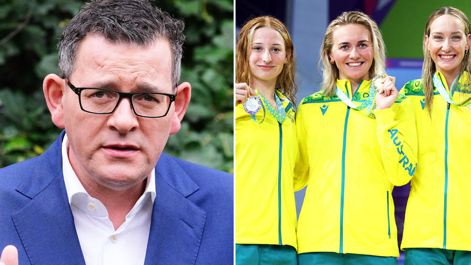 Victoria Premier Daniel Andrews, pictured here alongside Aussie Commonwealth Games athletes.