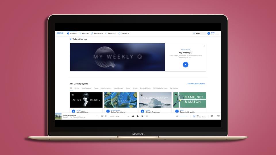 Qobuz on a laptop screen on pink background