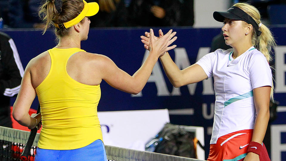 Ukraine's Elina Svitolina shakes hands with Russia's Anastasia Potapova after winning the Monterrey Open. (Photo by Gonzalo Gonzalez/Jam Media/Getty Images)