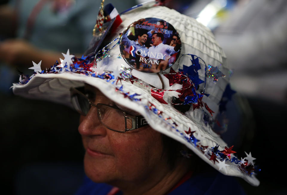Judie Couri wears her decorated hat during the Republican National Convention at the Tampa Bay Times Forum on August 28, 2012 in Tampa, Florida. (Photo by Chip Somodevilla/Getty Images)