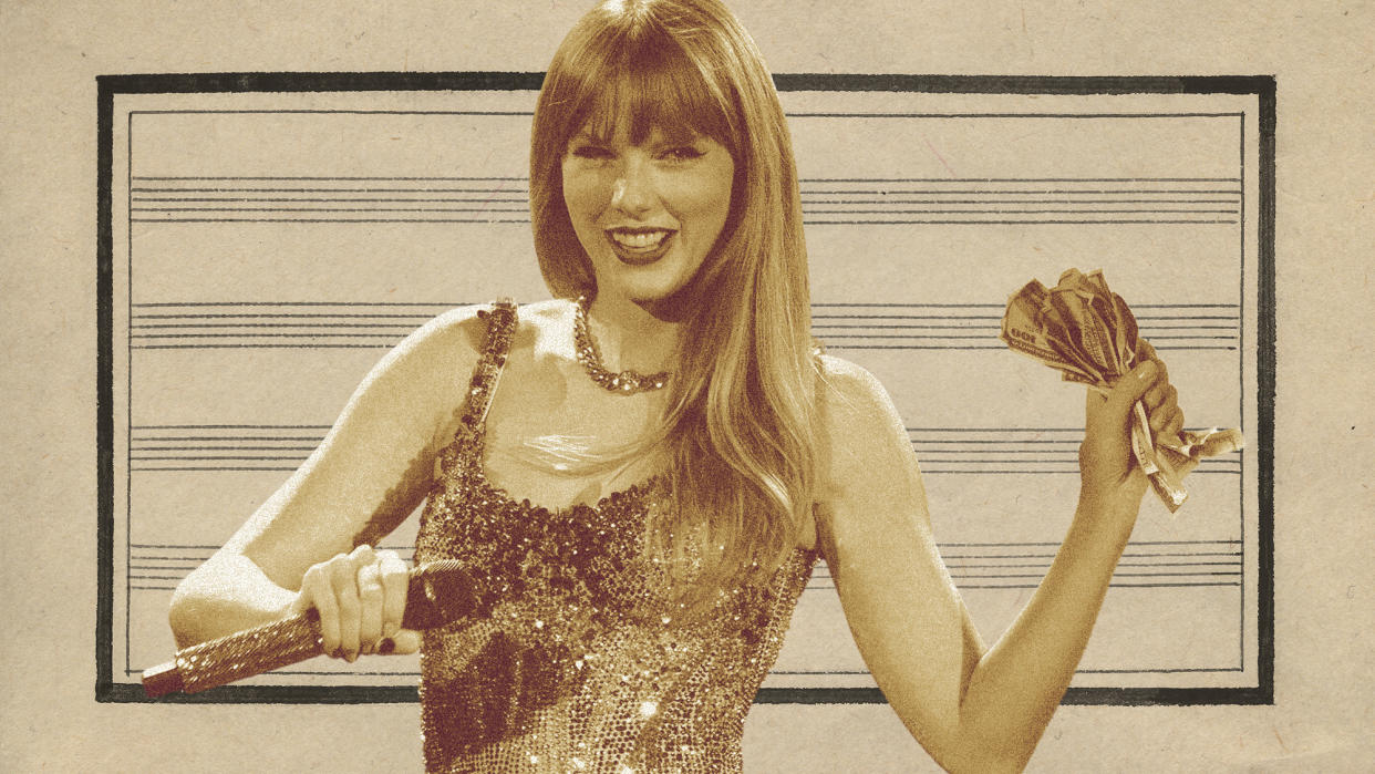  Photo collage of Taylor Swift performing with a microphone in one hand and a fistful of hundred dollar bills in the other, on the background of empty vintage musical note paper. 