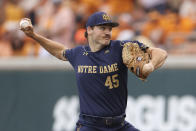 Notre Dame pitcher Alex Rao throws against Tennessee in the fourth inning during an NCAA college baseball super regional game Friday, June 10, 2022, in Knoxville, Tenn. (AP Photo/Randy Sartin)