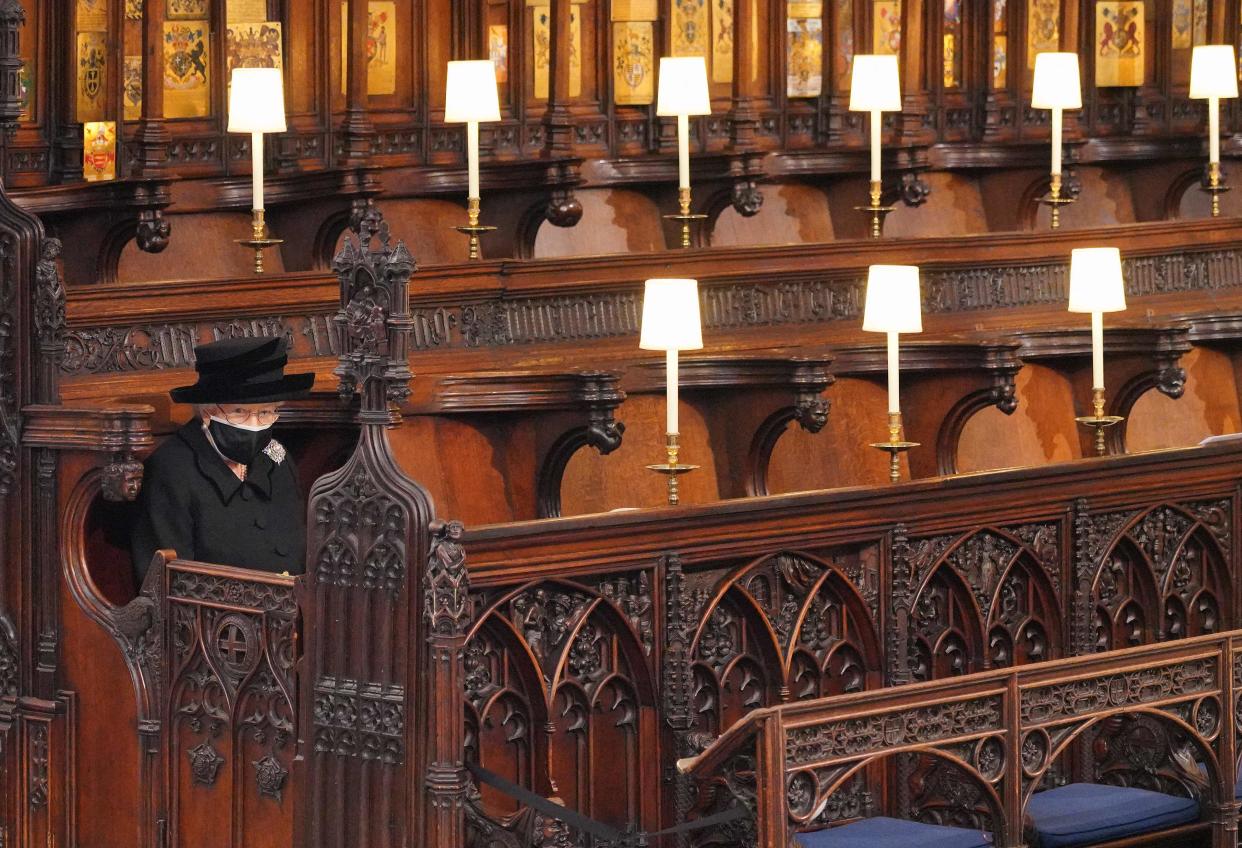 April 17, 2021: Queen Elizabeth II takes her seat for the funeral service of Britain's Prince Philip, Duke of Edinburgh inside St George's Chapel in Windsor Castle in Windsor, west of London. Philip, who was married to Queen Elizabeth II for 73 years, died on April 9 aged 99 just weeks after a month-long stay in hospital for treatment to a heart condition and an infection. 