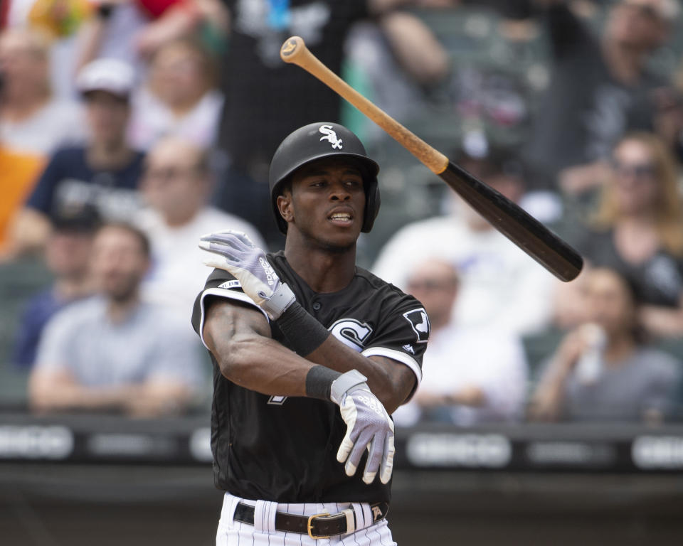 CHICAGO - APRIL 17:  Tim Anderson #7 of the Chicago White Sox throws his bat as he reacts after hitting a two-run home run in the fourth inning against the Kansas City Royals on April 7, 2019 at Guaranteed Rate Field in Chicago, Illinois.  (Photo by Ron Vesely/MLB Photos via Getty Images)