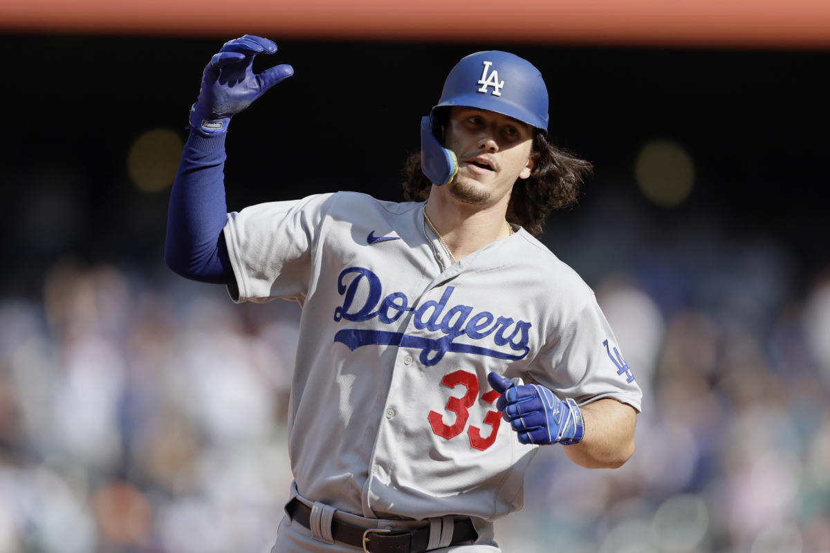 Los Angeles Dodgers' Austin Barnes celebrates a home run during the sixth  inning in Game 3 of t …