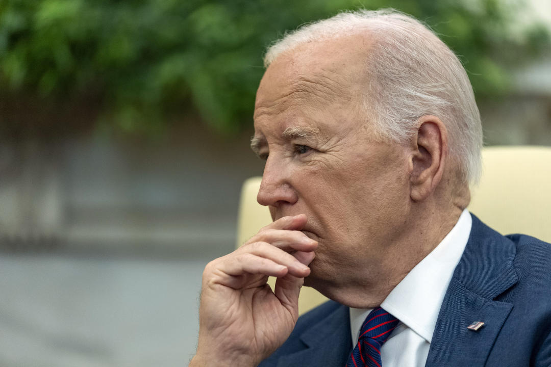 President Joe Biden listens as he meets with Iraq's Prime Minister Shia al-Sudani in the Oval Office of the White House, Monday, April 15, 2024, in Washington. (AP Photo/Alex Brandon)