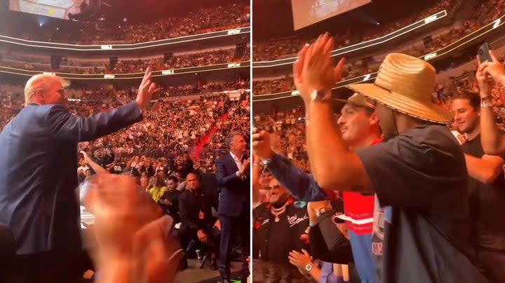 Donald Trump greets the crowd at UFC 287 in Miami. (DJ Akademiks)