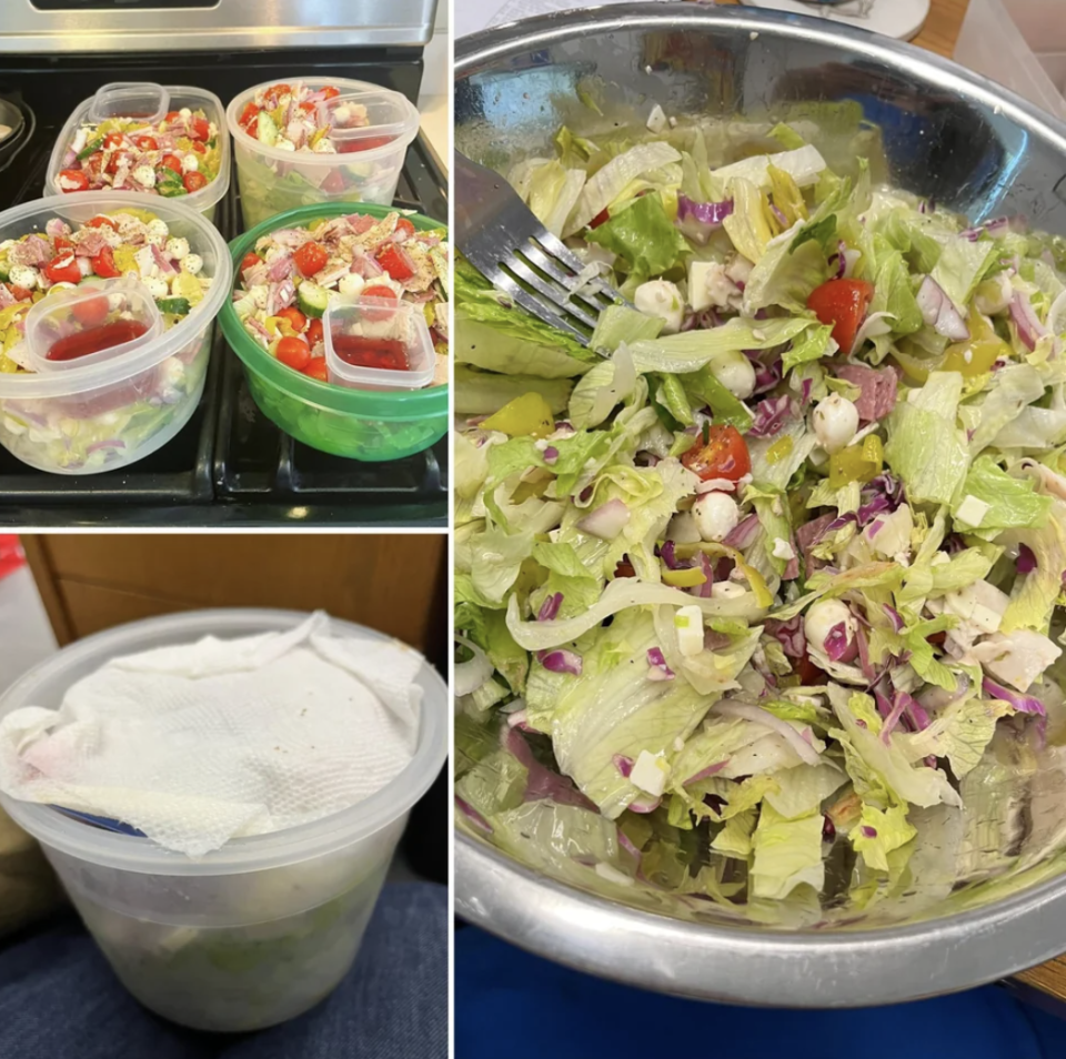 Close-up of salad in a plastic container and in a large bowl