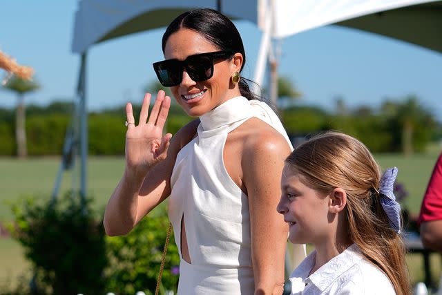 <p>Rebecca Blackwell/AP</p> Meghan Markle (left) and Alba Figueras attend the Royal Salute Polo Challenge on April 12, 2024