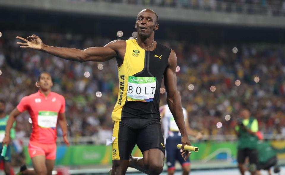 Usain Bolt celebrates after the men'’s 4 x 100 relay final during track and field competition in the Rio 2016 Summer Olympic Games on Aug.19, 2016.