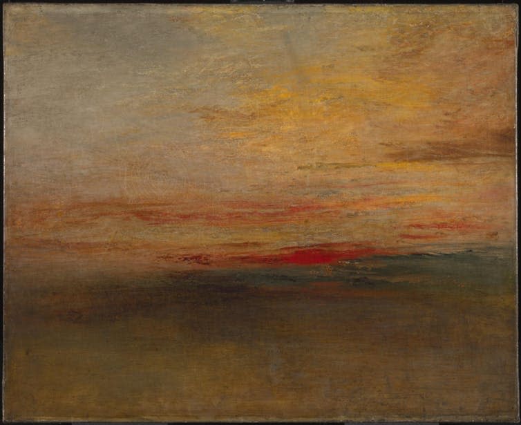 <span class="caption">Tambora’s dust-cloud created ominous sunsets, such as this one painted by Turner, c. 1830–5.</span> <span class="attribution"><a class="link " href="https://www.tate.org.uk/art/artworks/turner-sunset-n01876" rel="nofollow noopener" target="_blank" data-ylk="slk:© Tate;elm:context_link;itc:0;sec:content-canvas">© Tate</a>, <a class="link " href="http://creativecommons.org/licenses/by-nc-nd/4.0/" rel="nofollow noopener" target="_blank" data-ylk="slk:CC BY-NC-ND;elm:context_link;itc:0;sec:content-canvas">CC BY-NC-ND</a></span>