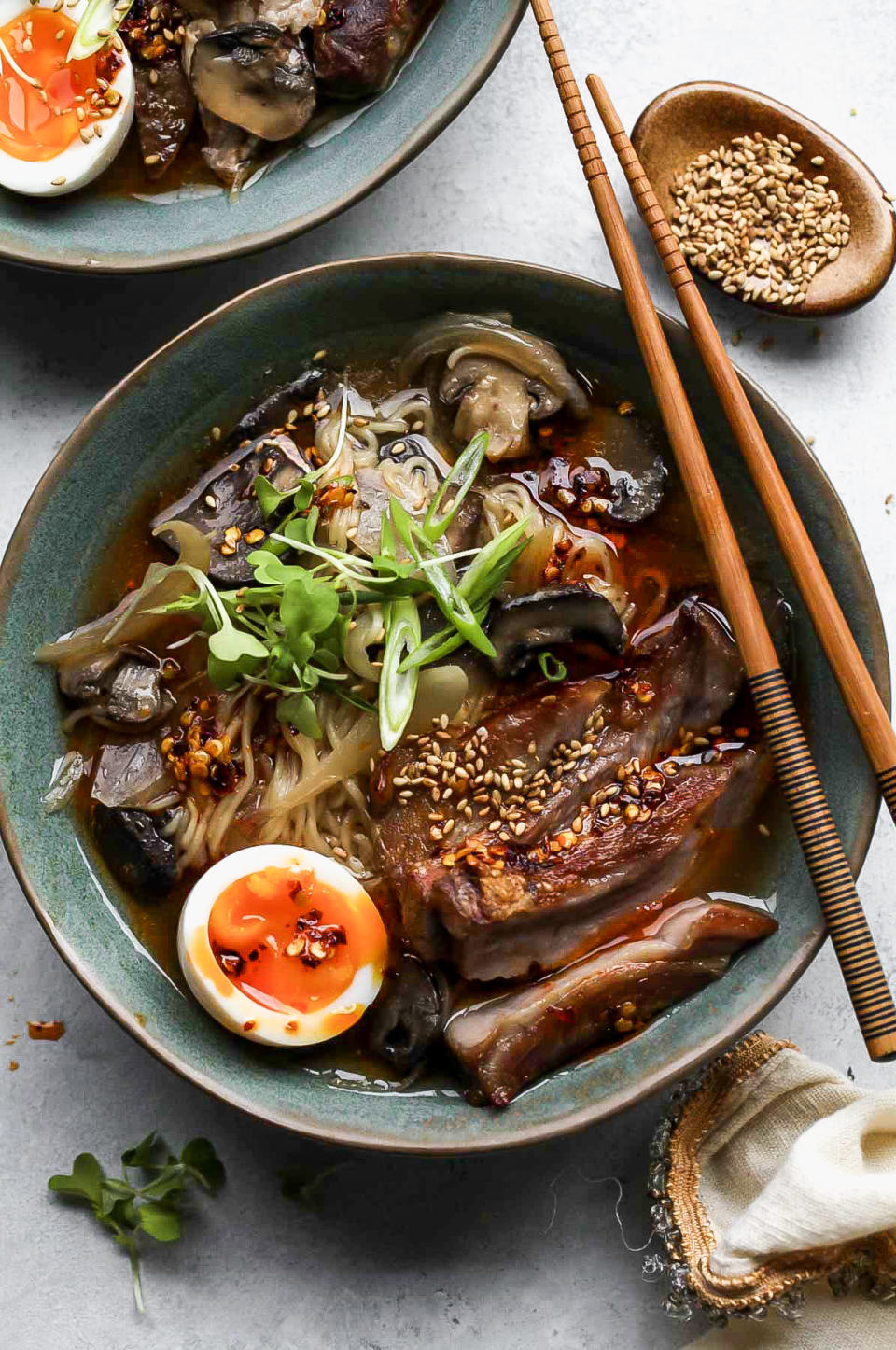 Spicy pork ramen noodle bowls