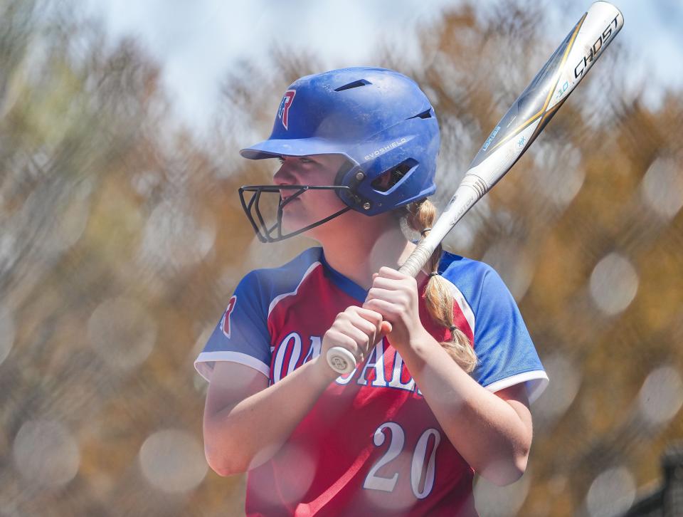 Roncalli Royals Carley Keller (20) competes during the Carmel Softball Invitational on Saturday, April 23, 2022, at Cherry Tree Softball Complex in Carmel. 
