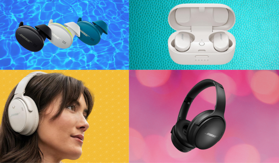 Three styles of wireless headphones and earbuds shown in four photos.