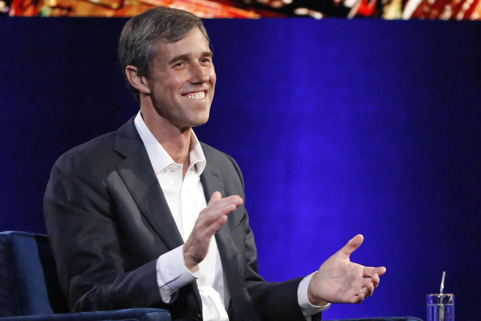 FILE - In this Feb. 5, 2019, photo, former Democratic Texas congressman Beto O'Rourke laughs as he is interviewed by Oprah Winfrey in New York. (AP Photo/Kathy Willens, File)