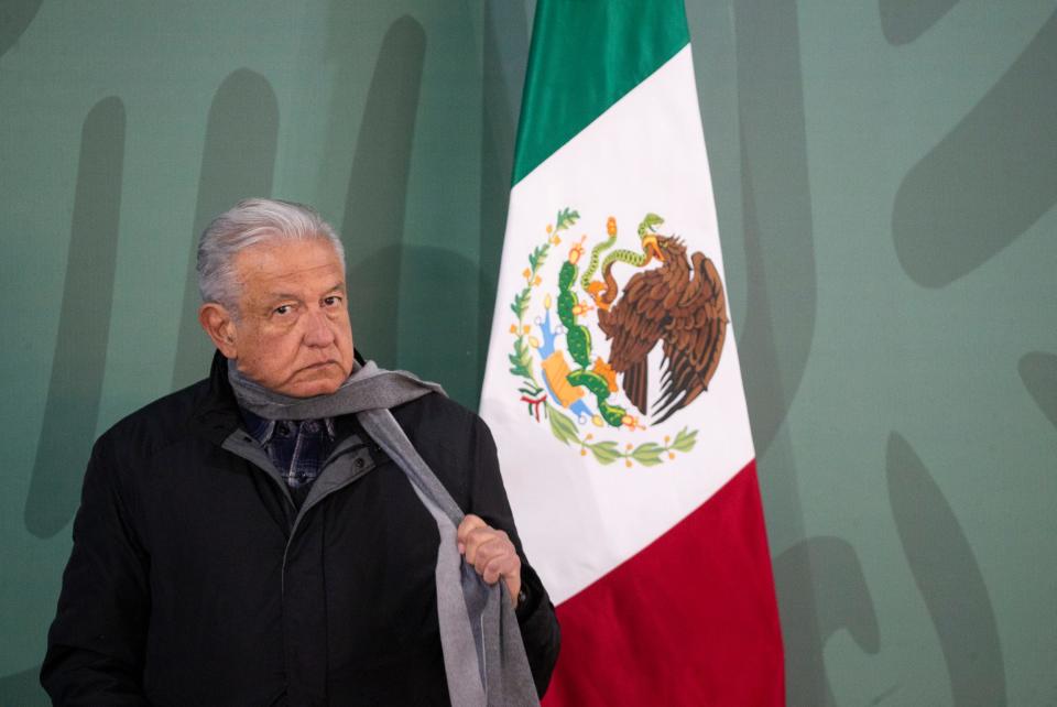Mexican President Andrés Manuel López Obrador gives a news conference in Juárez on Friday, Feb. 18, 2022. The Mexican president was visiting several cities on the northern border of Mexico to address security issues and economic development.