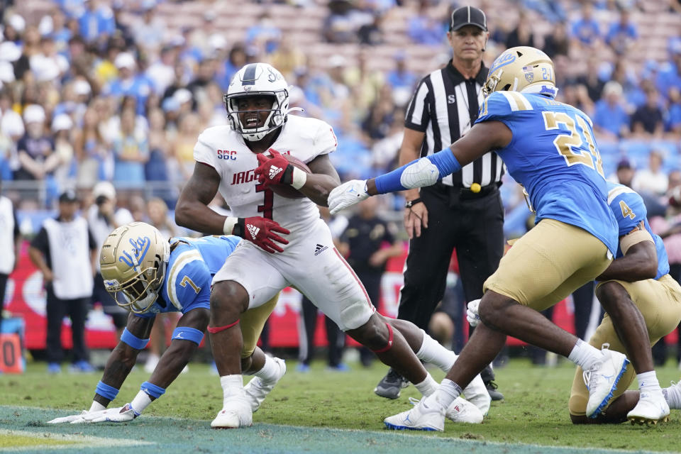 South Alabama running back La'Damian Webb (3) scores a touchdown during the first half of an NCAA college football game against UCLA in Pasadena, Calif., Saturday, Sept. 17, 2022. (AP Photo/Ashley Landis)