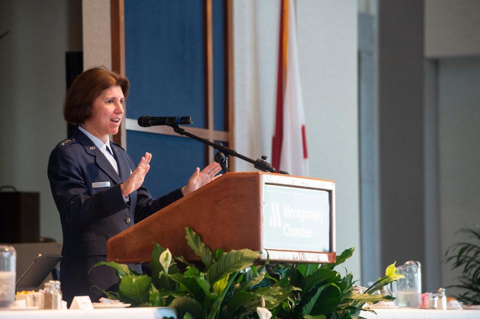 Lt. Gen. Andrea Tullos, commander and President of Air University, speaks Thursday during a Montgomery Chamber of Commerce breakfast at the RSA activity center in Montgomery.