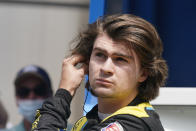 Colton Herta looks at his qualifying speed during qualifications for the Indianapolis 500 auto race at Indianapolis Motor Speedway, Sunday, May 23, 2021, in Indianapolis. (AP Photo/Darron Cummings)