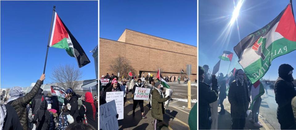 Pro-Palestinian protesters gathered outside the Schnucks store in Fairview Heights on Saturday afternoon before marching to St. Clair Square, carrying signs and chanting slogans.