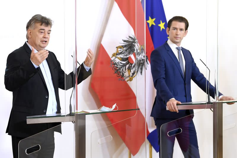 Austrian Chancellor Sebastian Kurz and Ministers attend a news conference in Vienna