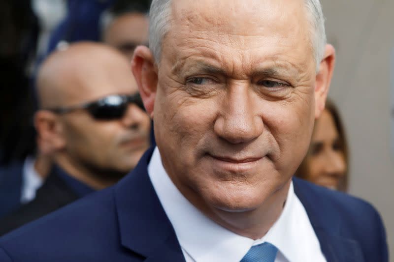 Leader of Blue and White party, Benny Gantz looks on after voting at a polling station in Israel's national election in Rosh Ha'ayin, Israel