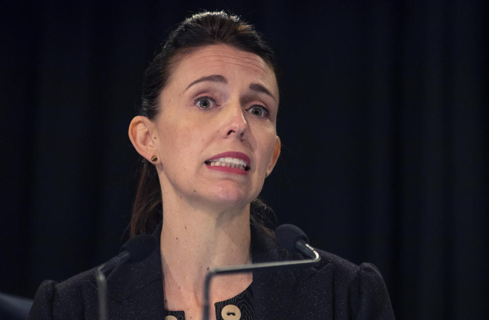 New Zealand Prime Minister Jacinda Ardern reacts at a press conference when she spoke about murdered British tourist Grace Millane during her weekly post-Cabinet press conference IN Wellington, New Zealand, Monday, Dec. 10, 2018. Ardern made an emotional apology to the family of a 22-year-old British tourist who police say was murdered. Ardern spoke about the nation's reaction to the case several hours after the man that police accuse of killing Grace Millane made his first appearance in court. (Mark Mitchell/New Zealand Heralds via AP)