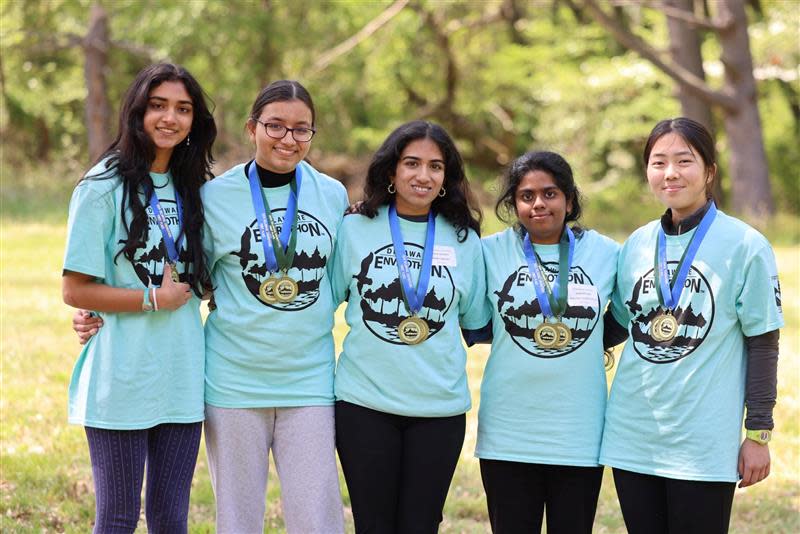 Charter School of Wilmington Team A won the school’s 22nd straight Delaware Envirothon championship today at Abbott’s Mill Nature Center in Milford. Left to right are team members Siddhi Dinavahi, Arya Gupta, Eesha Sagiraju, Dharshini Senthilnathan, Amber Wong and Elaine Zuo (Alt.)