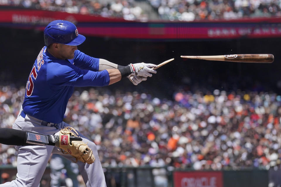 Chicago Cubs' Yan Gomes breaks his bat while hitting into a fielder's choice that scored Christopher Morel during the third inning of a baseball game against the San Francisco Giants in San Francisco, Sunday, June 11, 2023. (AP Photo/Jeff Chiu)