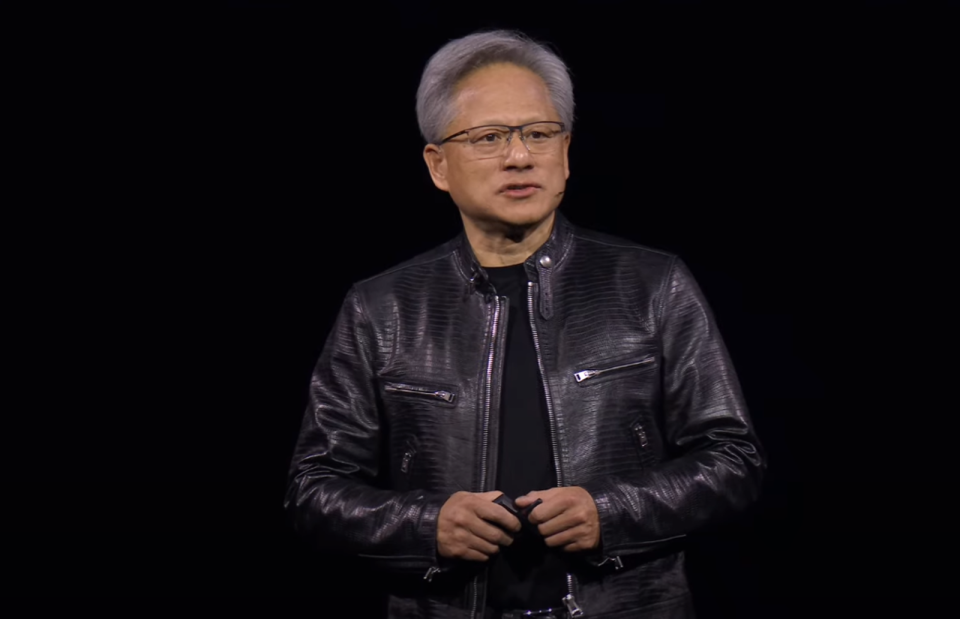 NVIDIA 創辦人暨執行長黃仁勳在GTC 2024主題演講時，將台灣天氣預報搬到活動現場，大秀AI模擬硬實力。（翻攝NVIDIA YouTube）