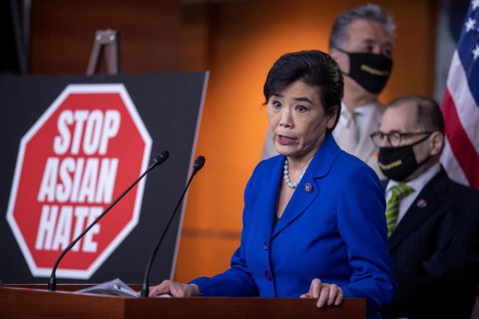 Congresswoman Judy Chu delivers remarks during a press conference about hate crimes bill.