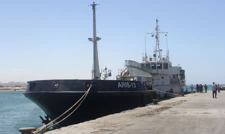 Oil tanker Aris-13, which was released by pirates, docks on the shores of the Gulf of Aden in the city of Bosasso, northern Somalia's semi-autonomous region of Puntland, March 19, 2017. REUTERS/Abdiqani Hassan FOR EDITORIAL USE ONLY. NO RESALES. NO ARCHIVES