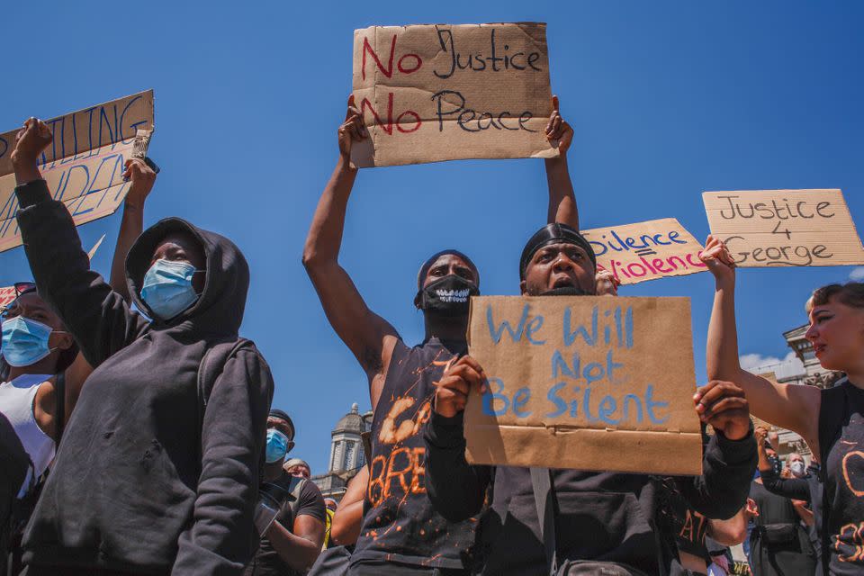 People take part in a Black Lives Matter protest in Trafalgar Square, London, following the death of George Floyd in Minneapolis