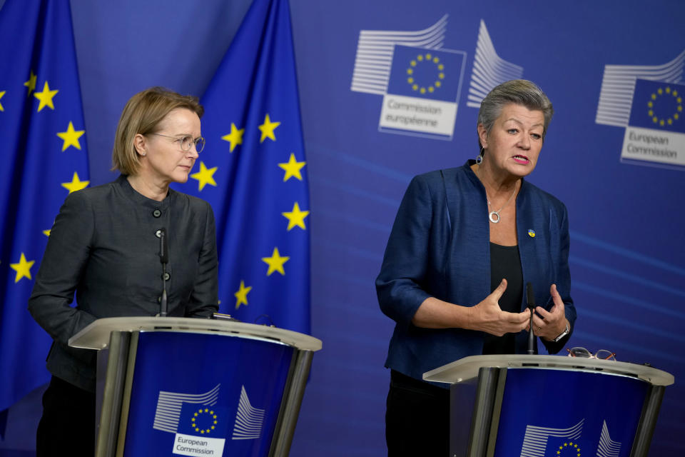 FILE - European Commissioner for Home Affairs Ylva Johansson, right, and European Union Returns Coordinator Mari Juritsch, left, address a media conference on the operational strategy for more effective returns at EU headquarters in Brussels on Tuesday, Jan. 24, 2023. The European Commission does want to speed up asylum processing at the bloc's borders, and has named a "Returns Coordinator" to expedite deportation. More than 900,000 people applied for asylum last year, creating a border backlog. (AP Photo/Virginia Mayo, File)