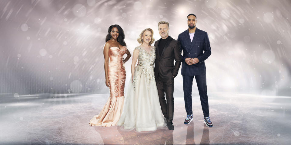 This image and the information contained herein is strictly embargoed from publication until 00.01 Wednesday 22nd December 2021

From Lifted Entertainment

Dancing on Ice: SR14 on ITV and ITV Hub

Pictured: (L-R), Oti Mabuse, Jayne Torvill, Christopher Dean and Ashley Banjo.

This photograph is (C) ITV Plc and can only be reproduced for editorial purposes directly in connection with the programme or event mentioned above, or ITV plc. Once made available by ITV plc Picture Desk, this photograph can be reproduced once only up until the transmission [TX] date and no reproduction fee will be charged. Any subsequent usage may incur a fee. This photograph must not be manipulated [excluding basic cropping] in a manner which alters the visual appearance of the person photographed deemed detrimental or inappropriate by ITV plc Picture Desk.  This photograph must not be syndicated to any other company, publication or website, or permanently archived, without the express written permission of ITV Picture Desk. Full Terms and conditions are available on the website www.itv.com/presscentre/itvpictures/terms

For further information please contact:
james.hilder@itv.com / 0207 157 3052