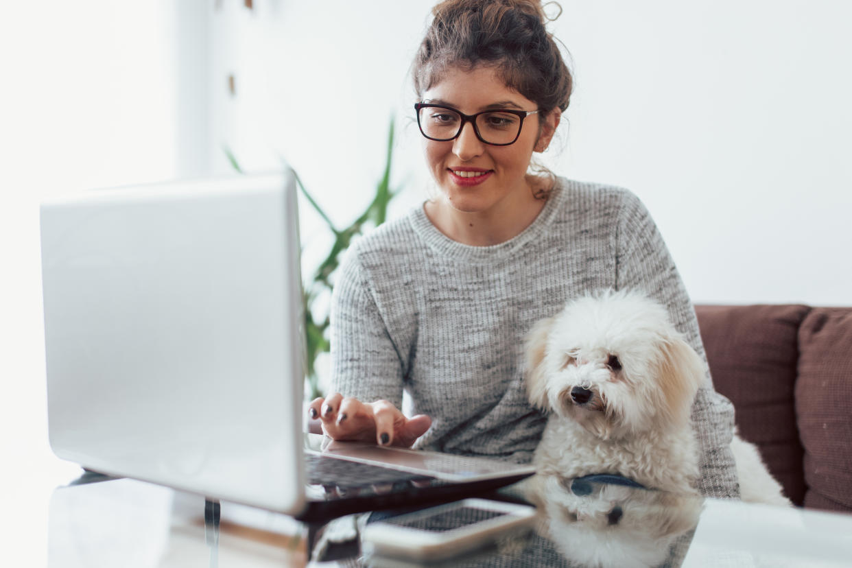 Woman on laptop with small dog in her lap