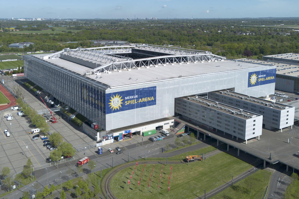 File - The Duesseldorf Arena is pictured in Duesseldorf, Germany, Monday, April 29, 2024. The European Championship in Germany is all about tried and tested stadiums with a rich soccer history. Unlike at some recent World Cups, there's been no rush to finish stadiums on time. (AP Photo/Martin Meissner, File)