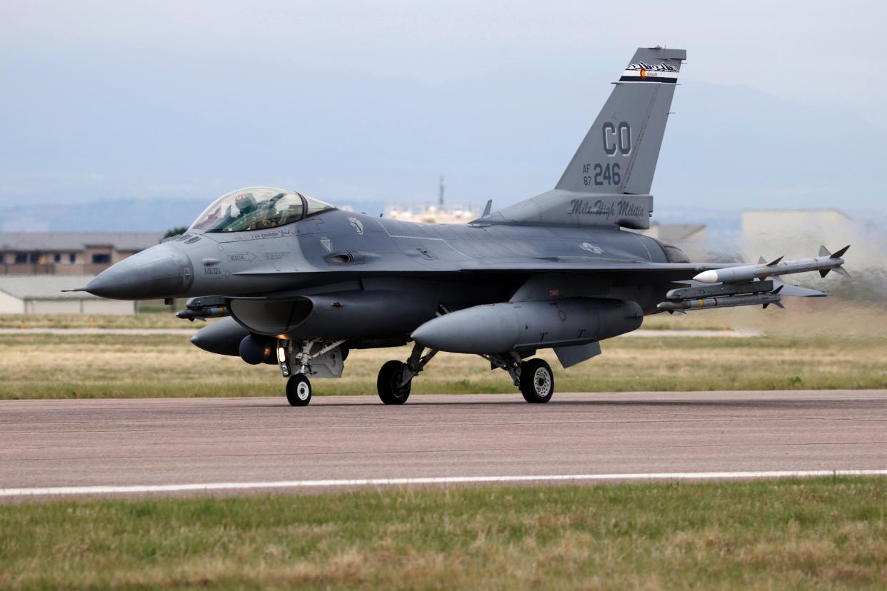 An F-16 Fighting Falcon from Colorado Air National Guard’s 140th Wing takes off from Buckley Air Force Base (Copyright 2020 The Associated Press. All rights reserved.)