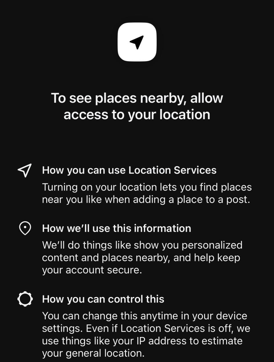 Meta's in-app disclaimer for location sharing in threads.