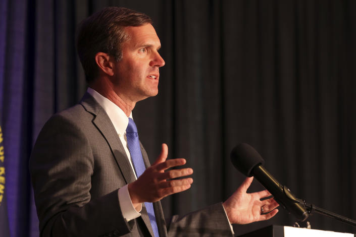 Kentucky Gov. Andy Beshear speaks to supporters after winning the Democrat primary election at the Kentucky Historical Society in Frankfort, Ky., Tuesday, May 16, 2023. (AP Photo/James Crisp)