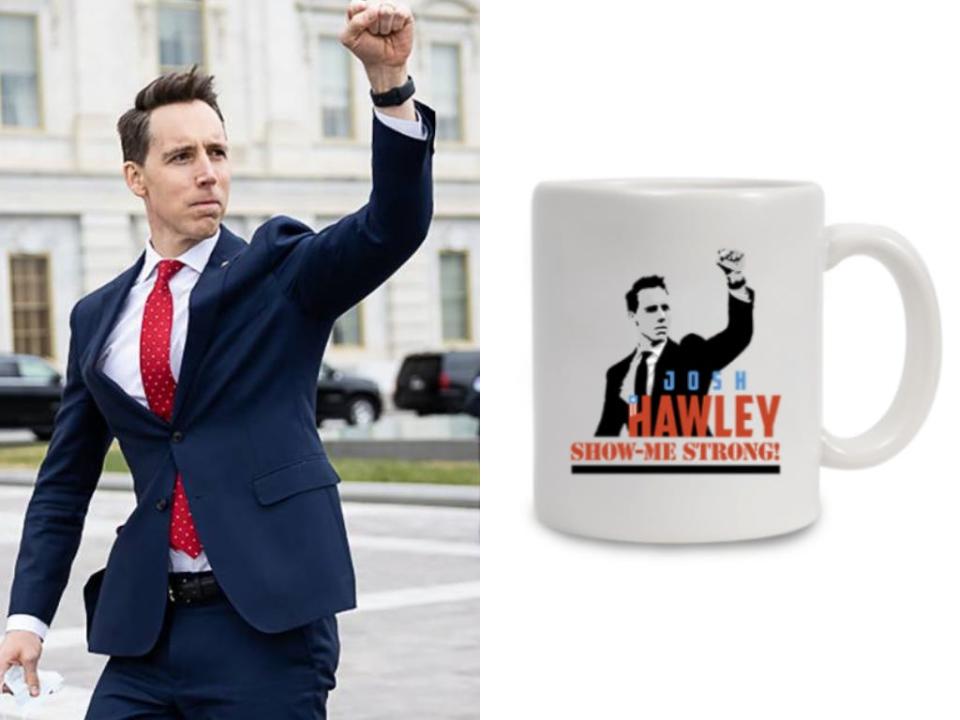 A stitched image of Josh Hawley with his fist raised, beside an image of the Hawley campaign's mug merchandise, which shows a black-and-white image of Hawley in the same pose with his first raised.
