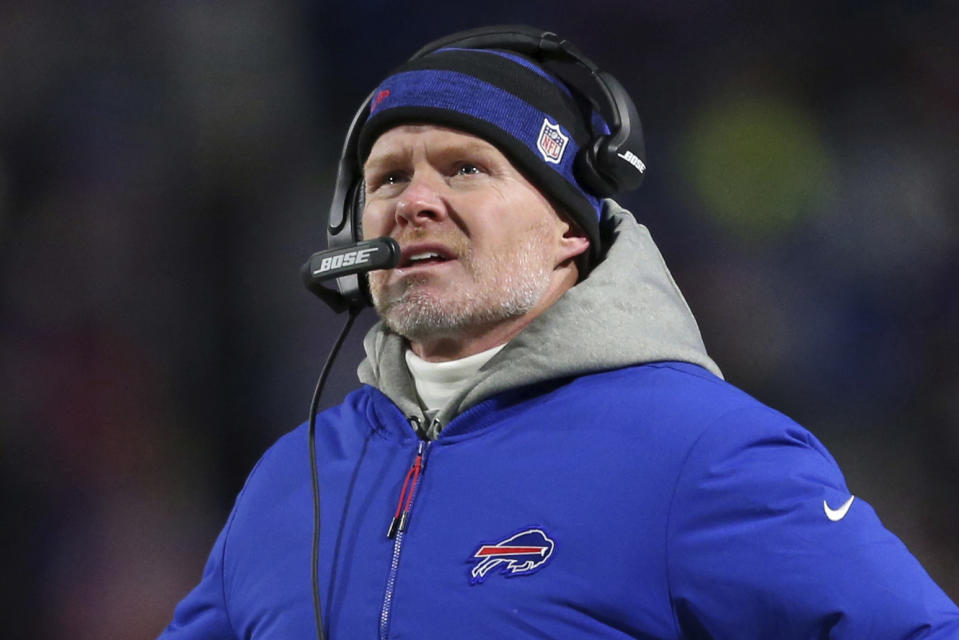 Buffalo Bills head coach Sean McDermott looks at the scoreboard during the second half of an NFL football game against the New England Patriots in Orchard Park, N.Y., Monday, Dec. 6, 2021. (AP Photo/Joshua Bessex)