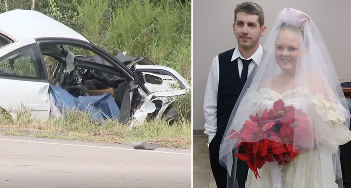 In this Friday, Aug. 23, 2019, photo, wreckage is strewn at the scene of a  fatal accident in Orange, Texas. Harley Joe Morgan and his bride, Rhiannon  Marie Boudreaux, had just been