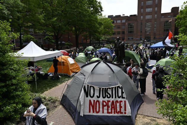 George Washington University students camp out on campus to demand that their university divest from Israel and call for a ceasefire in Gaza, on April 25, 2024 in Washington, D.C.