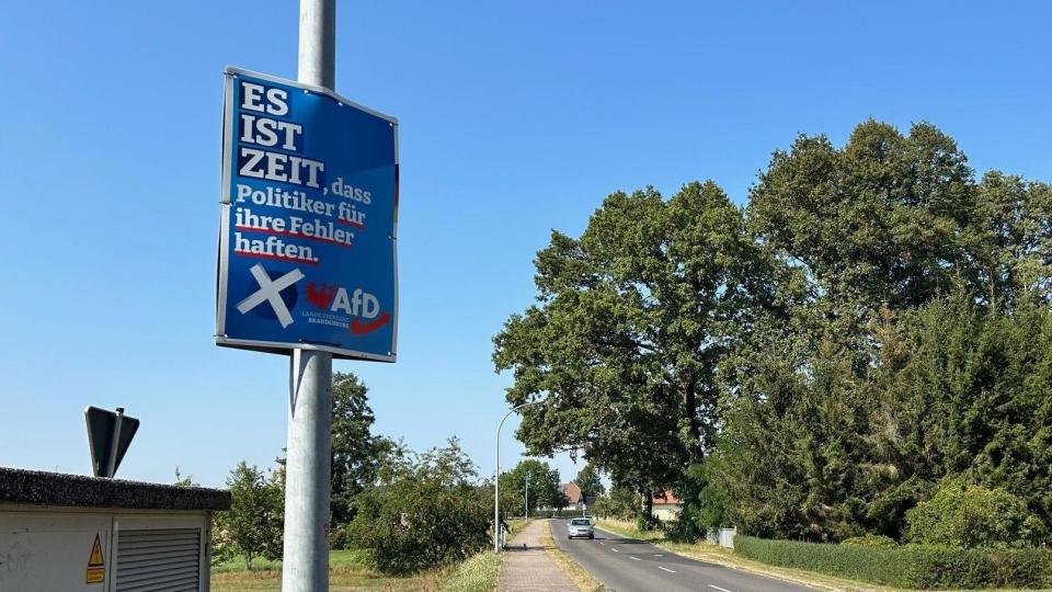 An AfD campaign billboard can be seen along the road - it says "It's time for politicians to be held accountable for their mistakes"