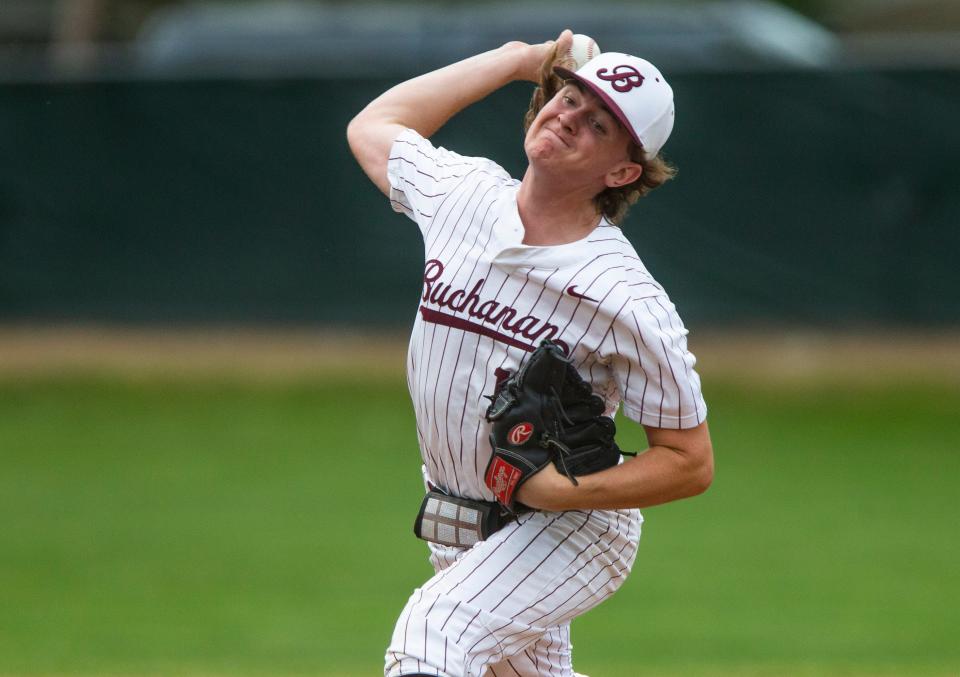 Buchanan's Matthew Hoover pitches during the Brandywine vs. Buchanan district baseball game Tuesday, May 31, 2022 at Buchanan High School. 