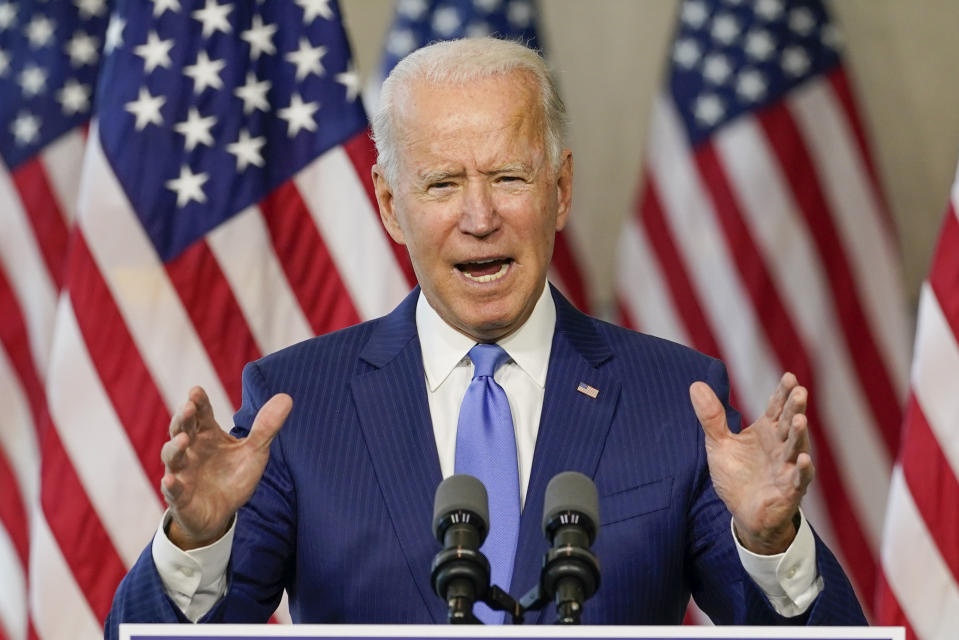 Democratic presidential candidate and former Vice President Joe Biden speaks at the Constitution Center in Philadelphia, Sunday, Sept. 20, 2020, about the Supreme Court. (AP Photo/Carolyn Kaster)