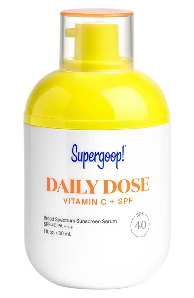 <p><strong>Supergoop Daily Dose Vitamin C + SPF 40 Sunscreen Serum, $46, <a href="https://shop-links.co/1730171327841601805" rel="nofollow noopener" target="_blank" data-ylk="slk:available here" class="link rapid-noclick-resp">available here</a>: </strong>"I love that this hybrid vitamin C serum/sunscreen combines two steps of my morning routine into one quick, simple application process. It does leave a somewhat shiny finish, so those who prefer a matte complexion might want to stay away, but for anyone (like me) who embraces being glow-y, it's really lovely." —Stephanie Saltzman, Beauty Director</p>