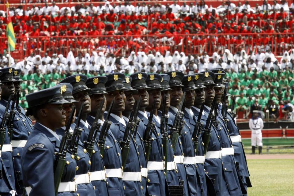 Kenyan Navy personnel take part in the trooping of the colour parade, during the 53rd Jamhuri Day Celebrations (Independence Day) at Nyayo Stadium in Nairobi, Monday, Dec. 12, 2016. Kenya got its Independence from British rule in 1963. (AP Photo/Khalil Senosi)